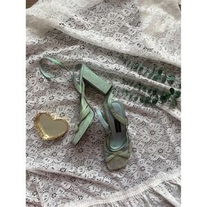 Ellemenno Sakura Vintage Light Blue Glitter Platform Block Heel Sandals 8M